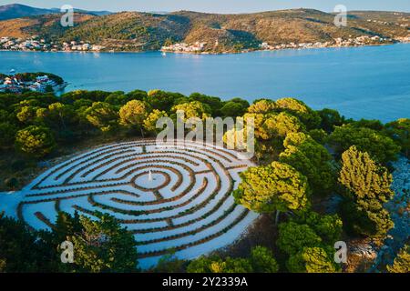 Panoramablick auf die Inseln in der Adria und das Heckenlabyrinth zwischen Waldbäumen bei Sonnenuntergang. Lavendellabyrinth in Rogoznica, Kroatien. Luftaufnahme von coasta Stockfoto