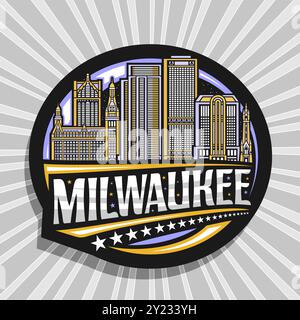 Vektor-Logo für Milwaukee, schwarzer dekorativer Tag mit Umrissillustration der milwaukee Stadtlandschaft auf nächtlichem Himmel Hintergrund, Kunstdesign Kühlschrank Stock Vektor