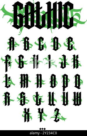 Gotisches, englisches Alphabet. Vektor. Mittelalterliche lateinische Buchstaben im Graffiti-Stil. Zeichen und Symbole für Tätowierungen. Kalligraphie, Schriftzüge und Tags. Scharf und Stock Vektor