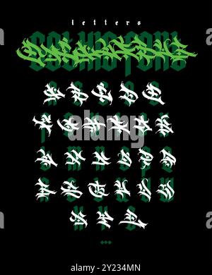 Graffiti-Stil, englisches Alphabet. Vektor. Graffiti-Buchstaben, Tags und mittelalterliche lateinische Buchstaben. Schilder und Symbole für Design. Kalligraphie, Schriftzüge und Stock Vektor