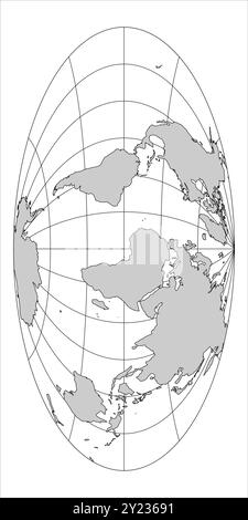 Diese Vektordarstellung zeigt die Weltkarte in Aitoff-Projektion und zeigt Kontinente, Ozeane und geografische Linien. Das Layout hebt die gekrümmten Grenzen von Landmasse und Wasser hervor. Stock Vektor