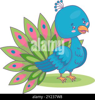 Niedlicher Pfau. Lustiger Karikaturkarikvogel mit blauem tropischem Kawaii. Vektorabbildung Stock Vektor