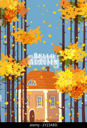 Poster Hallo Herbstlandschaft, Frau im Herbstmantel geht mit dem Hund, Haus Stock Vektor