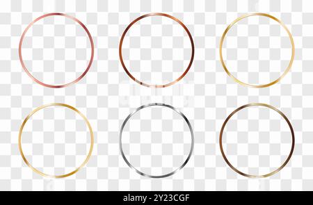 Set aus runden Metallrahmen aus Roségold, Kupfer, Bronze, Silber, Gold, chrom, Edelstahl, Stahl, Platin. Stock Vektor