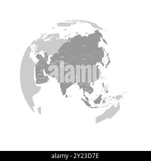 Asien Kontinent dunkelblau hervorgehobene Silhouette auf der Erde. Ländernamen sind sichtbar. Vektorabbildung Stock Vektor