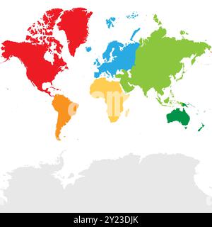 Karte der Weltkontinente - Nordamerika, Südamerika, Afrika, Europa, Asien und Australien. Mercator-Projektion. Jeder Kontinent in einer anderen Farbe. Stock Vektor