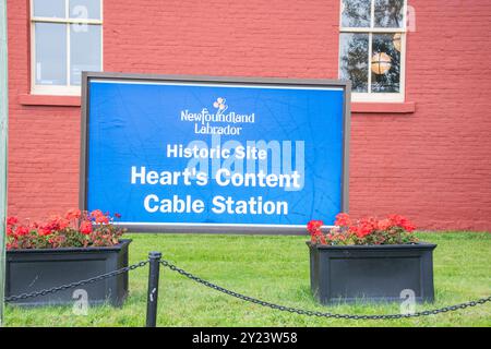 Schild mit der historischen Stätte Cable Station in Heart's Content, Neufundland & Labrador, Kanada Stockfoto