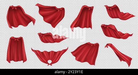 Helden Capes aus rotem Stoff realistische Vektor-Illustration Set. Traditionelles Superhelden-Zubehör 3D-Modelle auf transparentem Hintergrund Stock Vektor