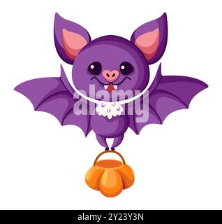 Niedliche Wette, die Halloween-Süßigkeitstasche flache Farbe Vektor-Illustration trägt. Gruselige Flugtierknüppel oder ein Symbol für die Figur auf weißem Hintergrund Stock Vektor