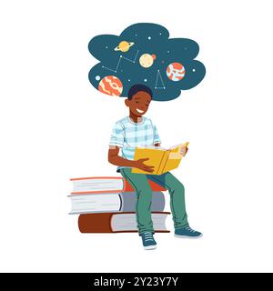 Black Boy liest über Planeten, die auf einem Stapel von Büchern sitzen, flache Farbvektor-Illustration. Glücklicher Teenager lernt Astronomie-Konzeptsymbol auf weiß Stock Vektor
