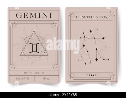 Gemini. Hexenkarten mit Sternzeichen und Sternbild. Moderne Boho-Astrologie-Plakate. Perfekt für Tarot-Leser und Astrologen Stock Vektor