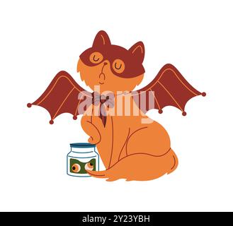 Arrogante rote Katze mit Wette Flügeln und Augen Glas flache Farbe Vektor Illustration. Tier im Vampirkostüm Halloween-Charaktersymbol auf weiß Stock Vektor