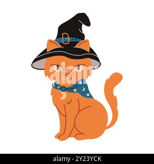 Lächelnde rote Katze in Hexenhut und Schal flache Farbe Vektor-Illustration. Zauberer vertrautes Haustier auf Halloween-Charaktersymbol auf weißem Hintergrund Stock Vektor
