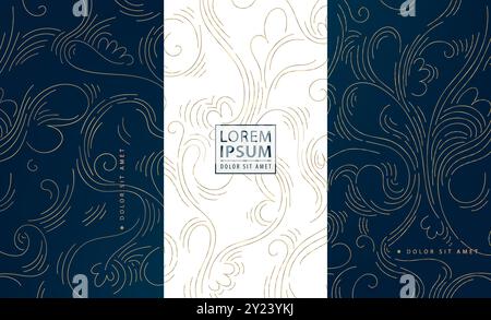 Vektorsatz von eleganten abstrakten Swirl Line Etiketten, Tee, Wein, kosmetisches Paket Design. Luxuriöse Textur, organische Banner, Gold auf weiß und Schwarz Stock Vektor