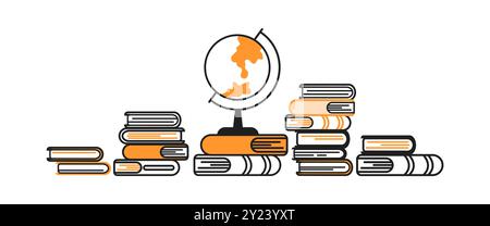 Erdkugel und Bücher stapeln sich Kritzellinien und farbige Illustrationen. Die Schulbildung bietet eine Sammlung von linearen Skizziervektorobjekten Stock Vektor
