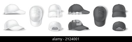 Mockup Baseballkappen schwarz-weiß realistische Vektor-Illustration Set. Sportliche uniforme Kopfbedeckung mit Kopierraum 3D-Modelle auf weißem Hintergrund Stock Vektor