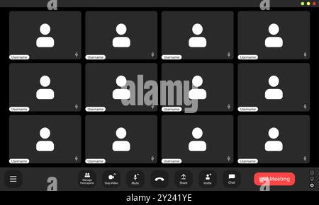 Ein digitales Raster zeigt mehrere Benutzer-Platzhalter in einem virtuellen Meeting an, was auf eine gemeinsame Sitzung mit mehreren Online-Teilnehmern hinweist. Stock Vektor