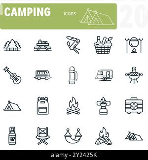 Set mit 20 minimalistischen Linien-Symbolen für Campingausrüstung, die Aktivitäten und wichtige Dinge für den Aufenthalt im Freien zeigen Stock Vektor