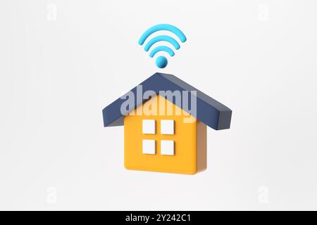 3D-Rendering eines rosafarbenen Hauses mit einem darüber schwimmenden wlan-Signal, das das Konzept eines Smart Home repräsentiert. 3D-Rendering Stockfoto