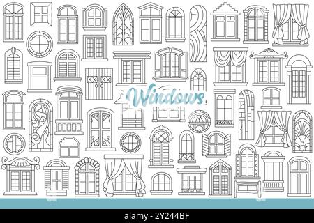 Fensterrahmen und Buntglas, dekoriert mit Vorhängen und Schwellen aus verschiedenen Architekturstilen. Fenster für die Fassade von einstöckigen Häusern oder Hochhäusern der Stadt. Handgezeichnet. Stock Vektor