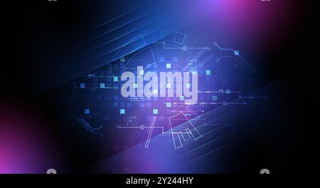 Abstrakte technologische Illustration mit Neonlichtern auf einem dunkelblauen Verlaufshintergrund. Dieser Vektor wurde von Hand gezeichnet. Stock Vektor