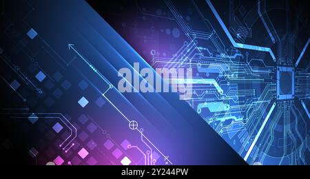 Abstrakte technologische Illustration mit Neonlichtern auf einem dunkelblauen Verlaufshintergrund. Dieser Vektor wurde von Hand gezeichnet. Stock Vektor