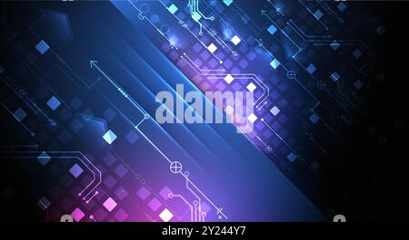 Abstrakte technologische Illustration mit Neonlichtern auf einem dunkelblauen Verlaufshintergrund. Dieser Vektor wurde von Hand gezeichnet. Stock Vektor