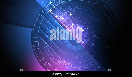 Abstrakte technologische Illustration mit Neonlichtern auf einem dunkelblauen Verlaufshintergrund. Dieser Vektor wurde von Hand gezeichnet. Stock Vektor