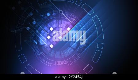 Abstrakte technologische Illustration mit Neonlichtern auf einem dunkelblauen Verlaufshintergrund. Dieser Vektor wurde von Hand gezeichnet. Stock Vektor