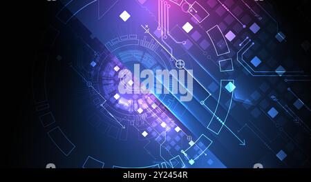 Abstrakte technologische Illustration mit Neonlichtern auf einem dunkelblauen Verlaufshintergrund. Dieser Vektor wurde von Hand gezeichnet. Stock Vektor