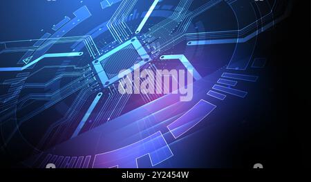 Abstrakte technologische Illustration mit Neonlichtern auf einem dunkelblauen Verlaufshintergrund. Dieser Vektor wurde von Hand gezeichnet. Stock Vektor