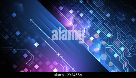 Abstrakte technologische Illustration mit Neonlichtern auf einem dunkelblauen Verlaufshintergrund. Dieser Vektor wurde von Hand gezeichnet. Stock Vektor