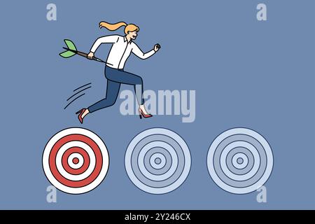 Zielgerichtete Frau zeigt Ehrgeiz und Motivation, Ziele zu erreichen, indem sie auf Dartboards springt. Eine zielgerichtete Führungskraft überwindet Schwierigkeiten auf dem Weg und geht auf der Karriereleiter voran Stock Vektor