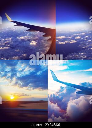 Design oder Komposition von schönen Sonnenuntergang, Himmel von oben, Flugzeugflug Blick von innen Fenster Flugzeug von Reisen.Flugzeug Reise Collage. Stockfoto