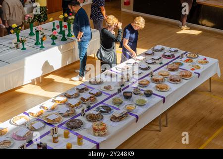 Dorfvorstellung im Old Basing Village Hall, Hampshire, England, Großbritannien, im September 2024. Blick auf Leute und Verkaufsstände mit Wettbewerbsteilnehmern vom Balkon aus Stockfoto