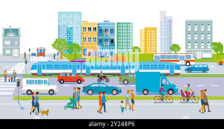 Stadtsilhouette einer Großstadt mit Verkehr, Illustration Stockfoto