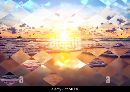 Strand Sand und Sonnenuntergang am Ufer. Abstrakte Sommer- und Urlaubsgestaltung. Wunderschöne Sonnenuntergangslandschaft über dem Meer. Stockfoto