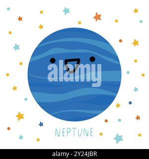 Sonnensystem der Planeten für Kinder. Neptun mit Comic-Gesicht. Vektorabbildung. Cartoon Planet. Stock Vektor