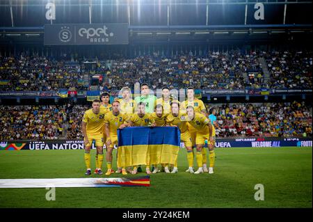 PRAG, TSCHECHISCHE REPUBLIK - 7. SEPTEMBER 2024: Teamfoto der ukrainischen Nationalmannschaft. Das Spiel der UEFA Nations League Ukraine gegen Albanien in der Epet Arena Stockfoto