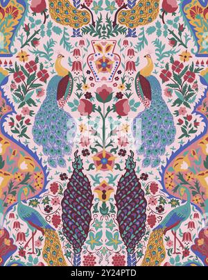 Eine bunte niedliche Pfau rosa florale Spiegelart Illustration Hintergrund nahtloses Muster Textilgewebe Druck Grafik Grafik Artwork Stock Vektor