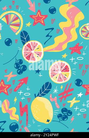 Eine farbenfrohe Sommer tropische frische Früchte Zitrone mit Stern abstrakte Illustration türkis Hintergrund nahtlose Muster Vektor-Kunstwerk Stock Vektor