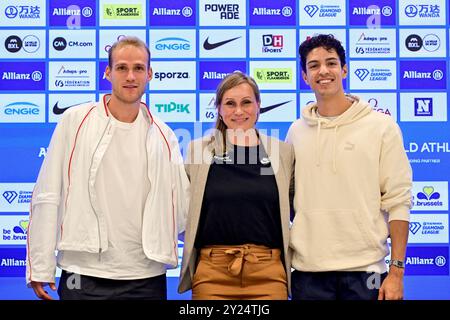 Der belgische Eliott Crestan, der ehemalige belgische Athlet Kim Gevaert und der belgische Jonathan Sacoor wurden während einer Pressekonferenz zur 48. Ausgabe der Leichtathletikveranstaltung Memorial Van Damme am Montag, den 9. September 2024 in Brüssel vorgestellt. Das Allianz Memorial Van Damme Diamond League Meeting 2024 findet am 13. Und 14. September 2O24 statt. BELGA FOTO DIRK WAEM Stockfoto