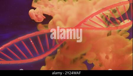 DNA-Strangbild über farbenfrohen abstrakten Hintergrund Stockfoto