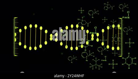 DNA-Strang und chemische Formeln, wissenschaftliche Datenverarbeitung Stockfoto
