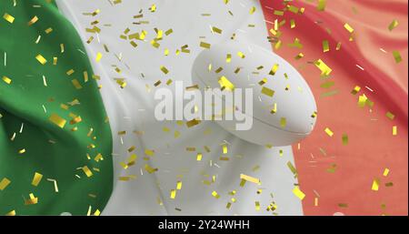 Bild von Konfetti über weißem Rugbyball und Flagge italiens Stockfoto