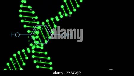 DNA-Strang- und chemische Struktur-Bild auf schwarzem Hintergrund Stockfoto