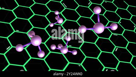 Molekularstrukturbild über leuchtend grünem sechseckigen Gitter Stockfoto