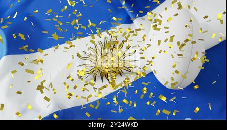 Bild von Konfetti über weißem Rugbyball und Flagge von argentinien Stockfoto