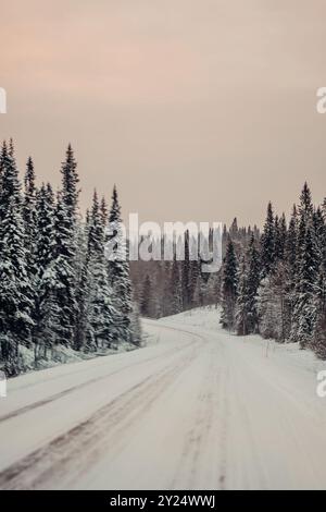 Fahrt auf der Straße durch den verschneiten lappländischen Wald bei Sonnenaufgang in Rovaniemi, Lappland Stockfoto