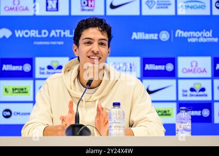 Der belgische Jonathan Sacoor wurde während einer Pressekonferenz zur 48. Ausgabe der Leichtathletikveranstaltung Memorial Van Damme in Brüssel am Montag, den 9. September 2024, vorgestellt. Das Allianz Memorial Van Damme Diamond League Meeting 2024 findet am 13. Und 14. September 2O24 statt. BELGA FOTO DIRK WAEM Stockfoto